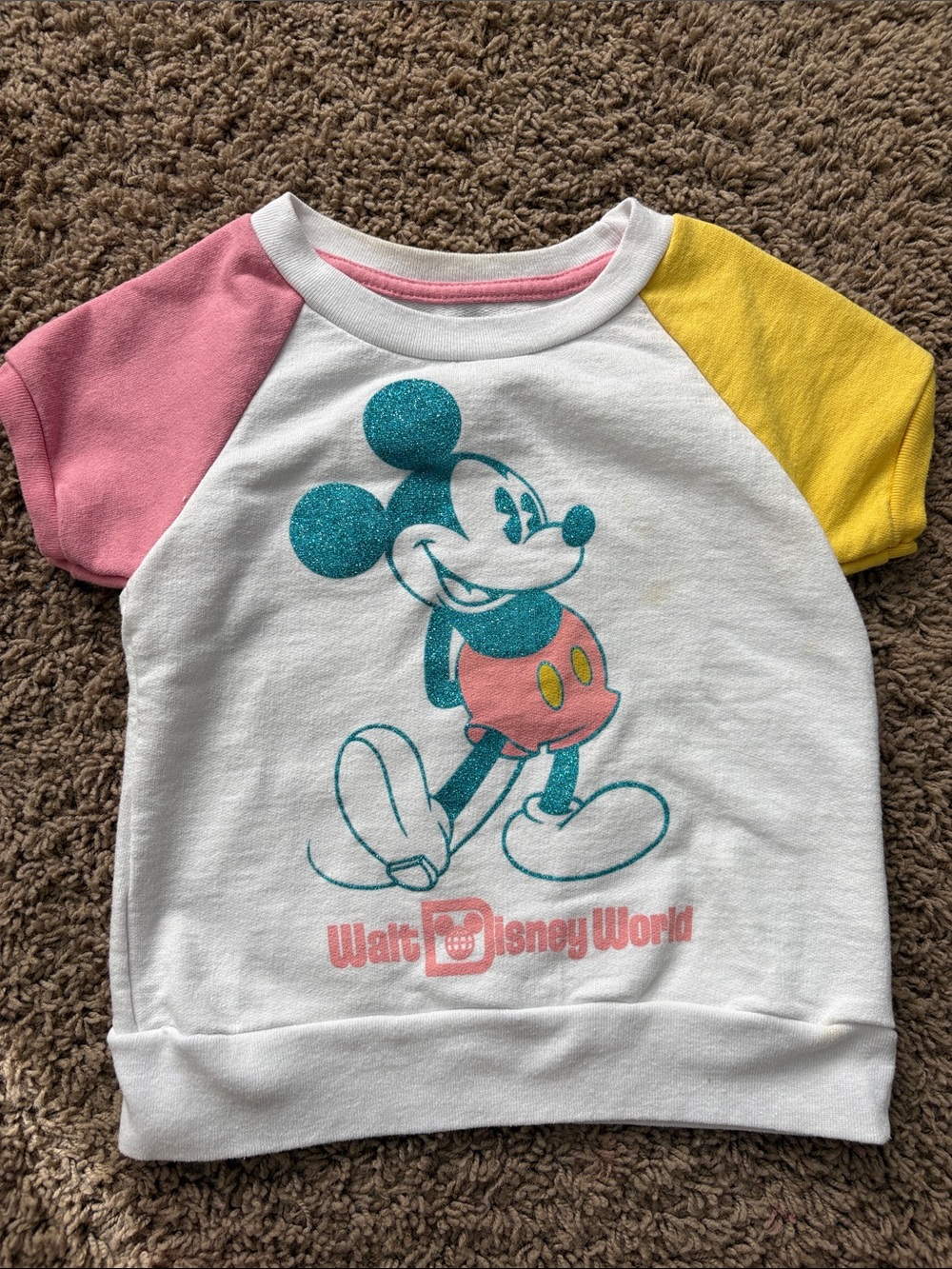 Disney White Raglan Tee with Pink & Yellow Sleeves and Teal Glitter Mickey